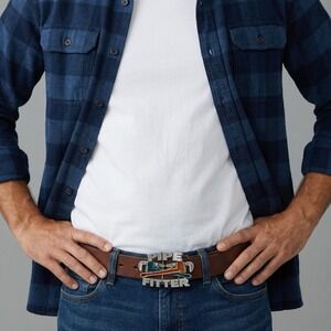 Vintage Pipefitter 1990 Belt Buckle Silver  tone Red & Blue Embellishment Tools